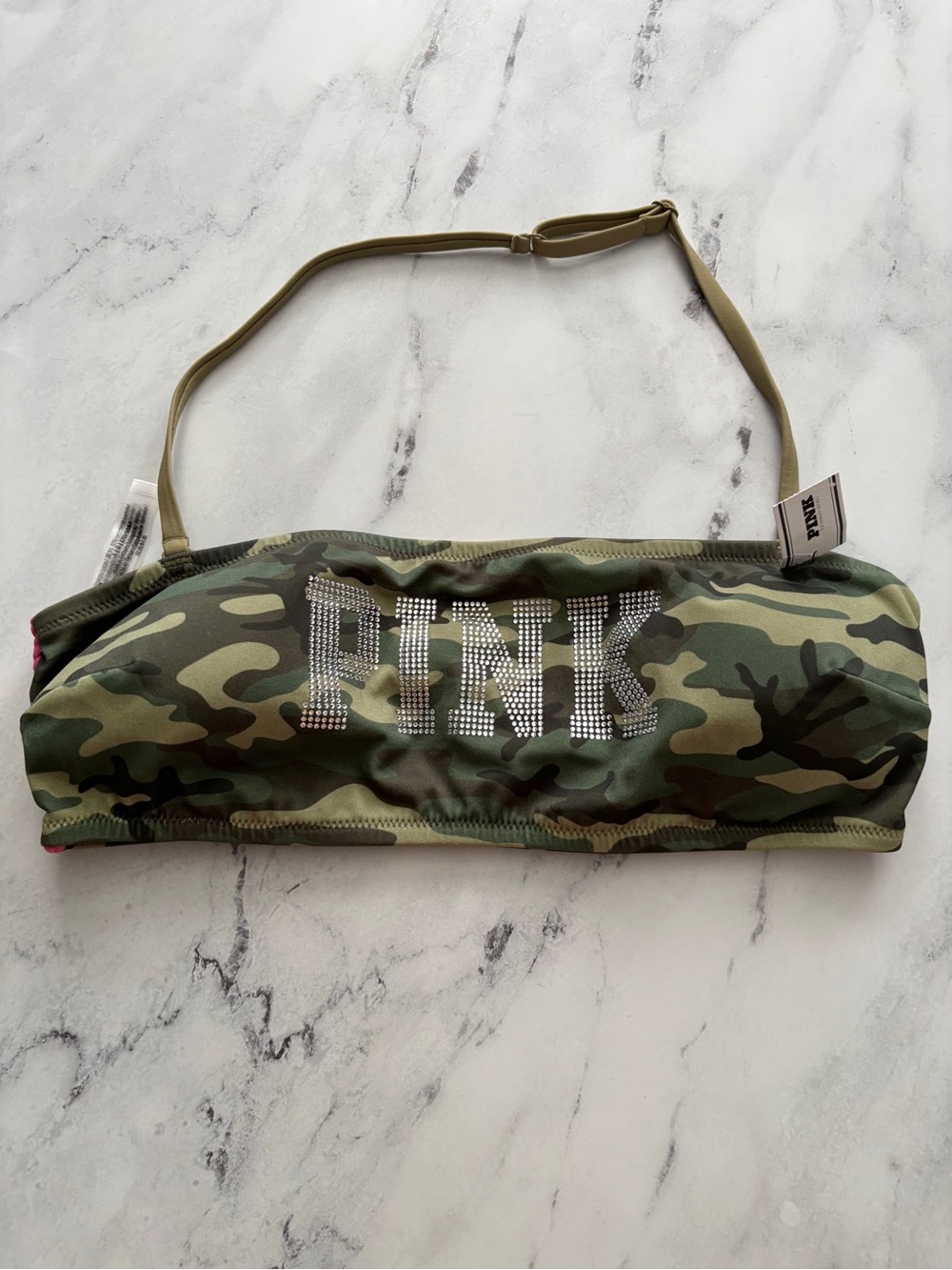 PINK Victoria's Secret Swim Bikini Top Camo Bling Logo Bandeau XS